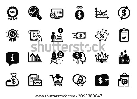 Vector Set of Finance icons related to Diagram chart, Vacancy and Investment graph icons. Crown, Shopping and Sale bags signs. Loan percent, Report statistics and Cashback. Analytics, Pay. Vector Royalty-Free Stock Photo #2065380047