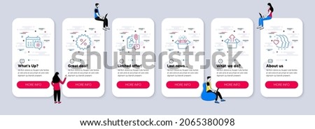 Vector Set of Business icons related to Send box, Travel calendar and Discount icons. UI phone app screens with teamwork. Search employee, Packing boxes and Friends couple line symbols. Vector