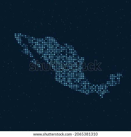 Abstract Dotted Halftone with starry effect in dark Blue background with map of Mexico. Digital dotted technology design sphere and structure. vector illustration