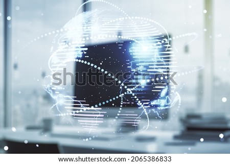 Abstract graphic digital world map with connections on modern computer background, globalization concept. Multiexposure