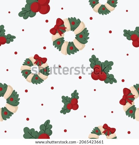 Christmas wreath with holly seamless pattern on white background. vector Illustration.