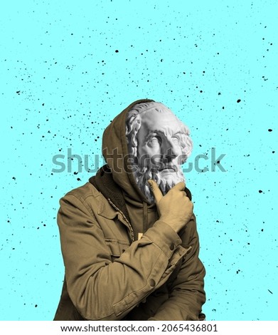 Contemporary art collage of thoughtful man with antique statue head isolated over blue background. Unusual art. Concepr of art, fashion, surreealism, creativity, conceptual art. Copy space for ad