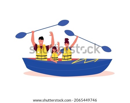 Family active holidays composition with characters of family members sitting in boat holding sculls vector illustration