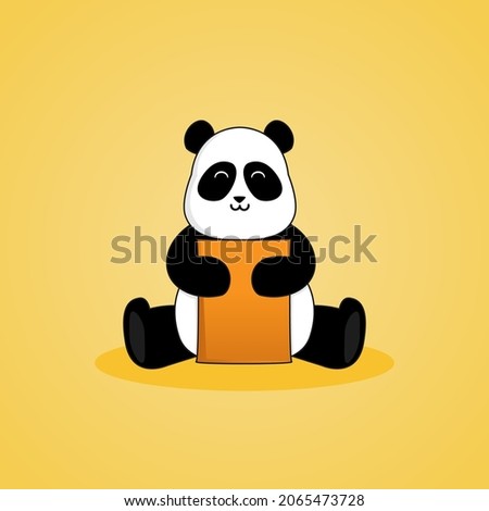 Cute panda holding pillow or paper on yellow background