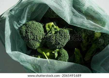 eco-friendly bag with lots of raw fresh broccoli in daylight, close-up
