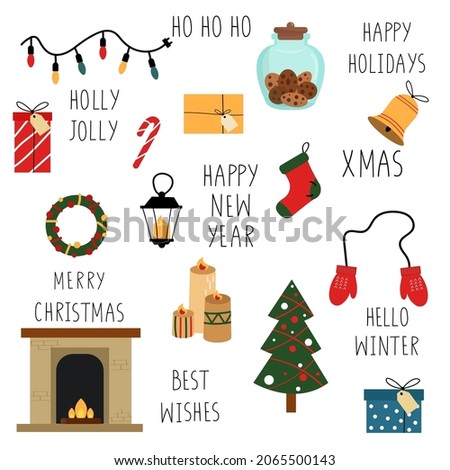 A collection of Christmas related vector elements. New Year doodle set. Handwritten lettering. Isolated on white. 