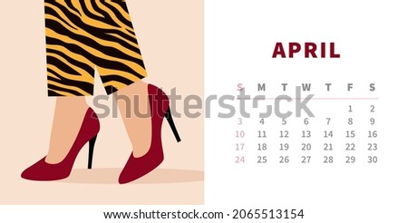 Tiger calendar design concept 2022. Horizontal page template for april. Woman legs in black stiletto heels and striped tiger pants. Chinese symbol of the year. Trendy fashion illustration. Royalty-Free Stock Photo #2065513154