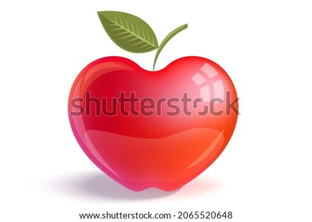Apple illustration. Red shining glossy apple with reflections. Red apple with green leaf illustration