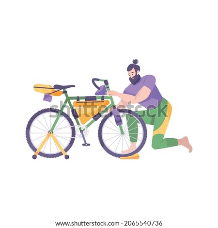 Bike tourism flat composition with man fixing his bicycle vector illustration
