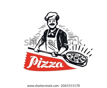 Pizzeria chef logo vector illustration. Pizza design element for logo, poster, card, banner, emblem