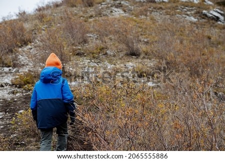 The child goes camping. A boy in a jacket climbs uphill. View from the back of a child walking on the road to the top. Children's tourism in autumn in cloudy weather. High quality photo