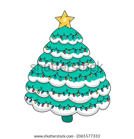 Vector doodle Christmas tree with a star, colorful garlands and snow. Hand-drawn illustration for New Years cards, websites and children's books. Part of a large winter collection.