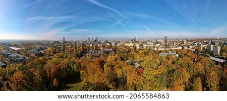 Autumn panorama of the city of Lodz .Autumn  city park. Green areas of the city Top view, photo from the drone 