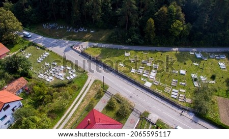 An aerial view shot of a Muslim cemetery in Bosnia and Herzegovina