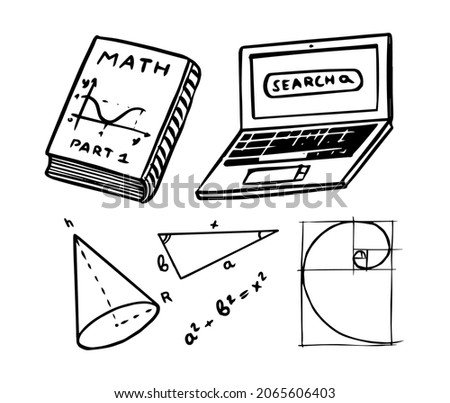 Mathematical icons. Computer and book, cone and hypotenuse. Graphs and figures with calculations and formulas. Golden spiral. Concept calculations. Engraved hand drawn old sketch.