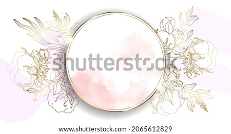 Round gold frame with cotton flowers. Beautiful illustration with watercolor stains. Abstract bright wallpaper. Template design. Botanical cotton vector illustration.