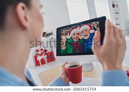 Profile side view portrait of attractive cheery girl calling relatives web greetings festal day eve staying at home flat indoors Royalty-Free Stock Photo #2065615754