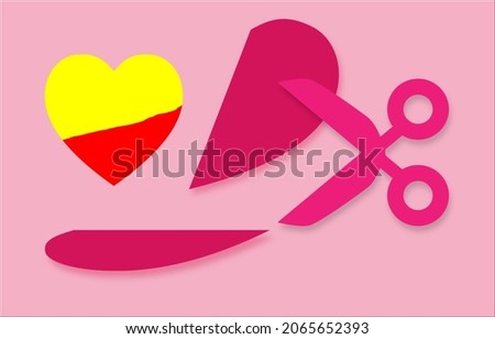 Illustration of a paper heart cut off by scissors, separated from the imperfection perspective. broken heart or threatened disease