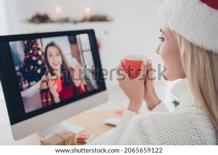 Photo of young positive happy woman christmas talk online friend hold coffe cup xmas indoors inside house home Royalty-Free Stock Photo #2065659122