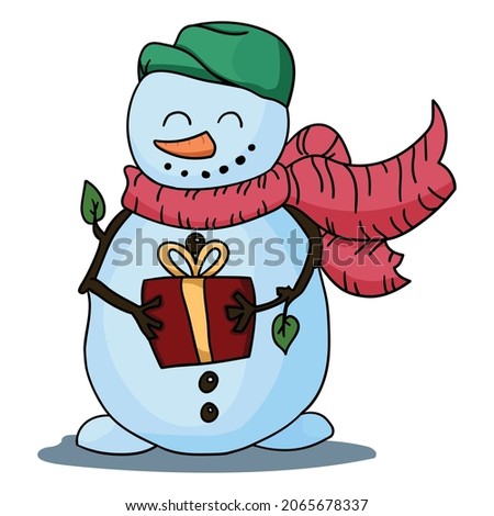 Christmas funny Snowman in a green  cap with gift box. Vector Illustration on white background