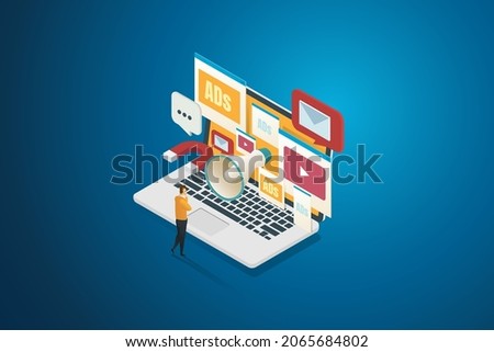 User man found advertisements, various marketing on the website. full screen computer Laptop. Digital marketing concept, advertising campaign. isometric vector illustration. Royalty-Free Stock Photo #2065684802