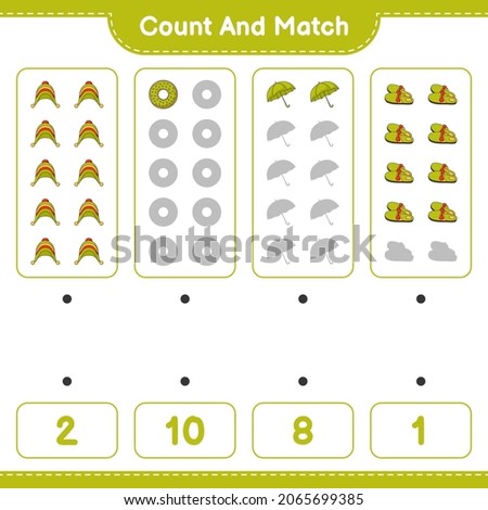 Count and match, count the number of Donut, Slippers, Umbrella, Hat and match with the right numbers. Educational children game, printable worksheet, vector illustration