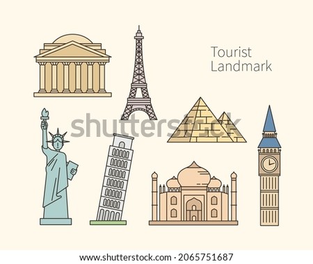 Collection of landmark icons of famous tourist destinations. flat design style vector illustration.