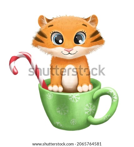 a cute little tiger cub is sitting in a big mug with snowflakes and Christmas candy, isolated on a white background. Christmas cute children's illustration