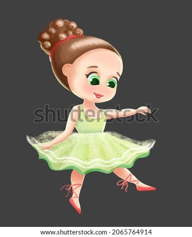 Cute little girl dancing in a dress and pointe shoes, isolated on a gray background.  Bright children illustration