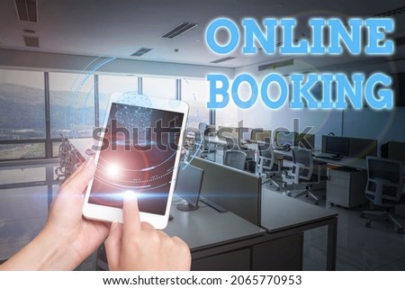 Text caption presenting Online Booking. Conceptual photo Reservation through internet Hotel accommodation Plane ticket Hands Holding A Mobile Phone In Laboratory Showing Futuristic Technology.