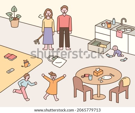 The children who make the house a mess and the parents sighing at the sight. flat design style vector illustration.
