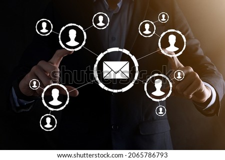 Email and user icon,sign,symbol marketing or newsletter concept, diagram.Sending email.Bulk mail.Email and sms marketing concept. Scheme of direct sales in business. List of clients for mailing