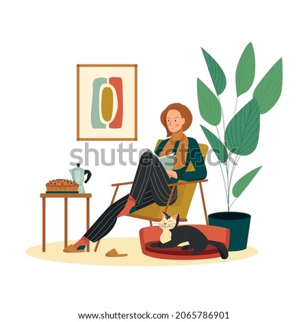 Cozy home composition with woman sitting in armchair reading book with cat and coffee with cakes vector illustration
