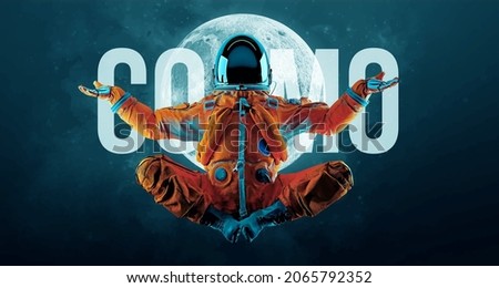 Astronaut doing yoga on the background of the moon and space. Yoga exercises. Vector illustration Royalty-Free Stock Photo #2065792352