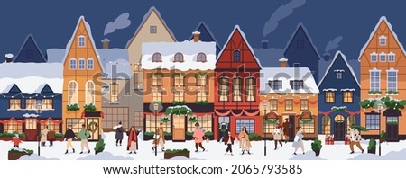 Christmas city panorama with happy people walking on street in snow on winter holidays. European Old town at Xmas eve with cozy buildings. Cityscape with New Year lifestyle. Flat vector illustration Royalty-Free Stock Photo #2065793585