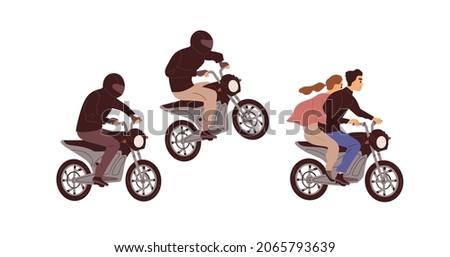 People riding motorcycles. Bikers in helmets chasing couple on motorbike at fast speed. Motorcyclists on bikes pursue man and woman. Colored flat vector illustration isolated on white background