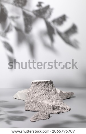 Abstract nature scene with composition of white stones and tree leaves shadows. Neutral background for cosmetic or beauty product branding and packaging mockups. Natural colors. Copy space, front view