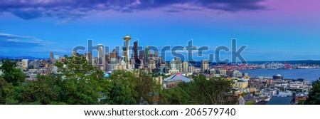 Seattle skyline panorama at sunset as seen from Kerry Park, Seattle, WA