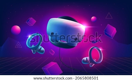 Virtual reality headset and controllers for gaming. VR helmet. Metaverse technology concept. Royalty-Free Stock Photo #2065808501
