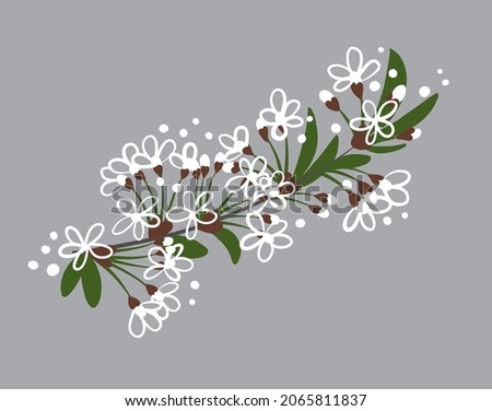 A branch of sakura or cherry with white flowers. Stylized simple style.
