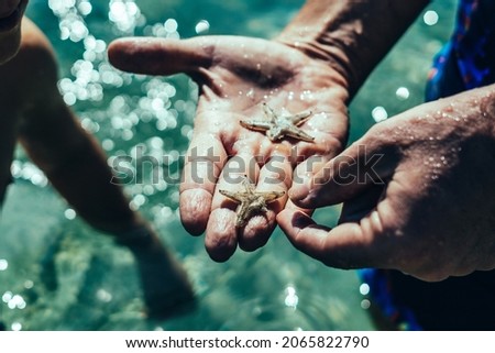 Close up lifestyle summer day clear blue water patch reflect light. Young man hold touch show finger starfish on palm. Leisure activity, education, sea tourism, child father, care about nature world