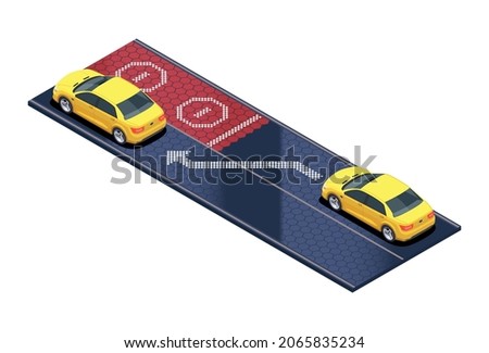Smart city technologies isometric composition with view of motorway with cars scanning road vector illustration