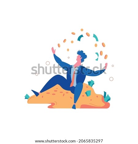 Loser failure success winning businessmen composition with male character sitting on golden pile vector illustration