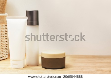 Unlabeled beauty and skincare products in a bathroom Royalty-Free Stock Photo #2065844888