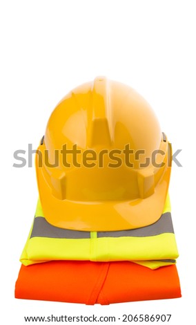 Yellow hard hat and orange and yellow reflective best over white background