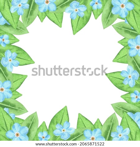 A frame made of forget-me-nots. Watercolor botanical illustration included in the collection of wildflowers. Isolated image on a white background. For your design.