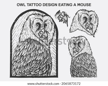 Owl tattoo design eating a mouse