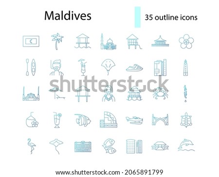 Maldives islands attractions outline icons set. Tropical resort. Capital Male. Blue gradient symbols collection. Isolated vector stock illustration