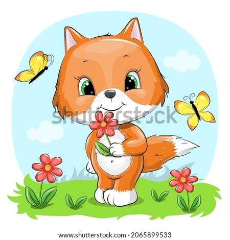 Cute cartoon fox with flower and butterflies. Vector illustration of an animal in nature.