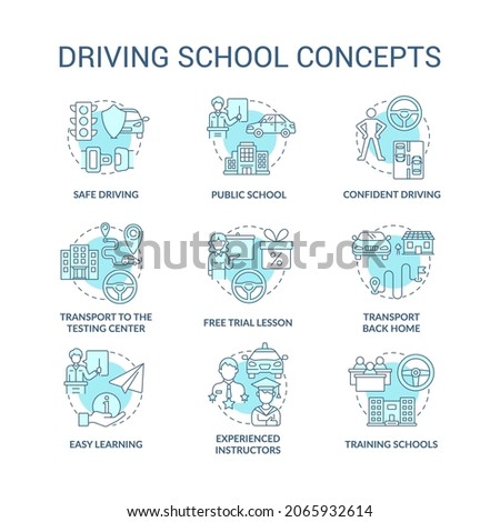 Driving school blue concept icons set. Car riding education idea thin line color illustrations. Learning road signs and rules. Drivers license. Vector isolated outline drawings. Editable stroke